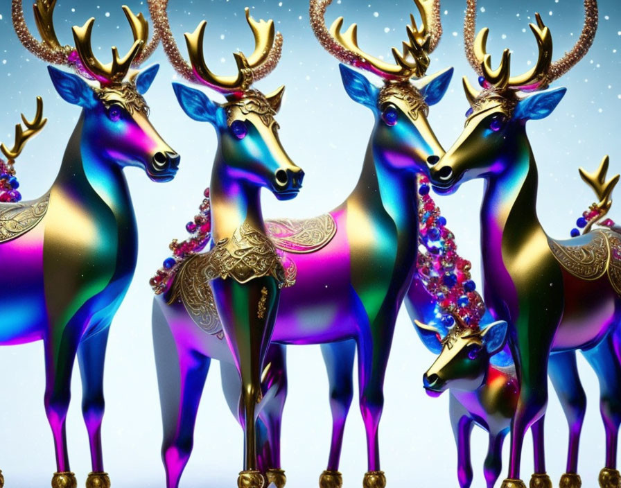 Vibrant depiction of four stylized reindeer with iridescent coats on blue backdrop