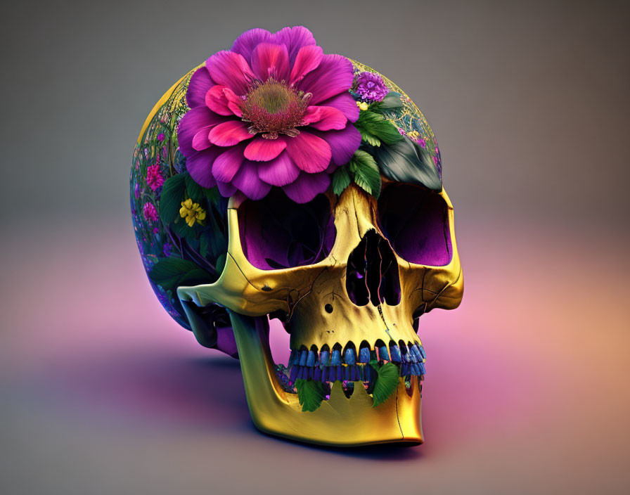 Colorful Skull with Pink Flower and Floral Designs on Gradient Background