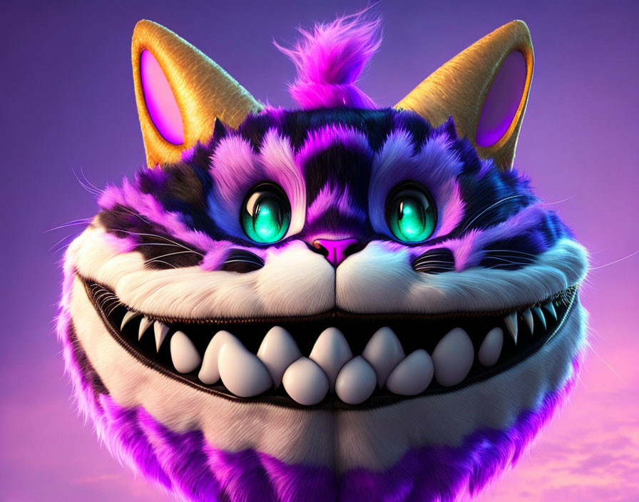 Colorful Cheshire Cat Artwork on Purple Background