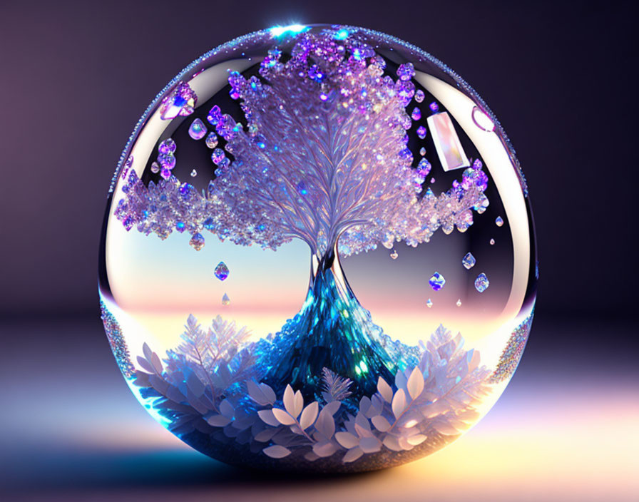 Purple leaf tree in transparent sphere with colorful reflection and sparkling light.