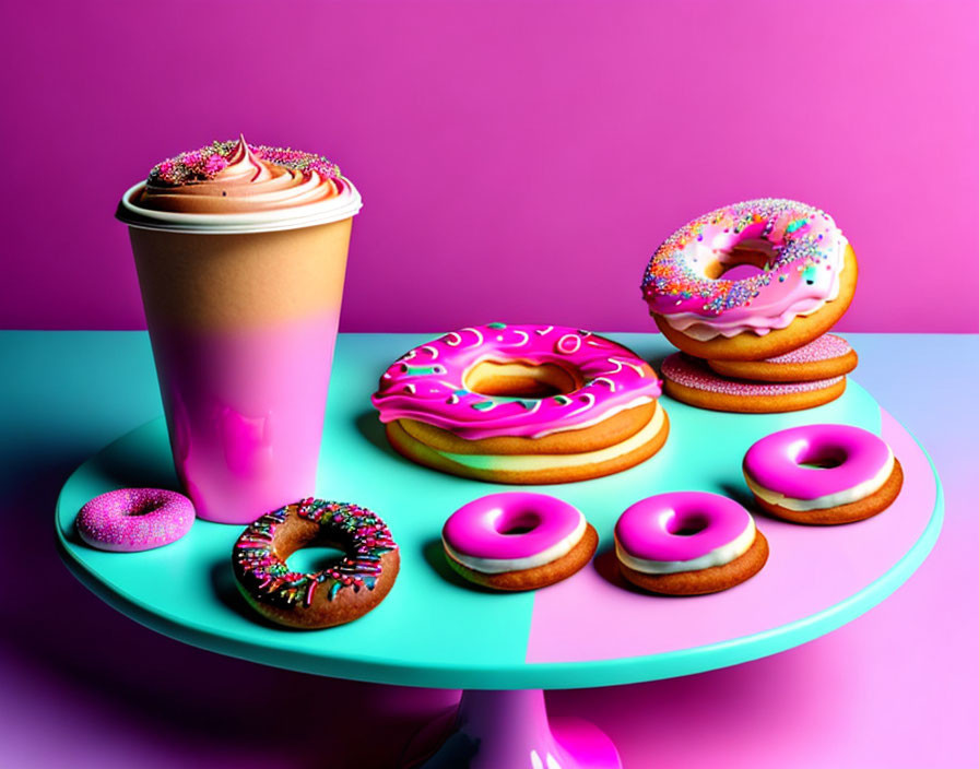 Assorted Donuts and Coffee Cup on Turquoise Table with Pink Background