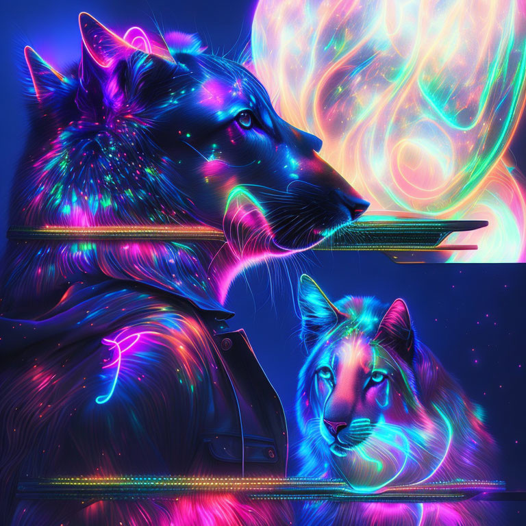 Neon-lit wolves howling at fluorescent orb on cosmic blue background