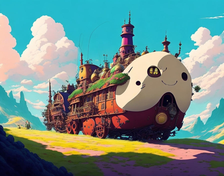 Colorful animated train with friendly face in vibrant landscape