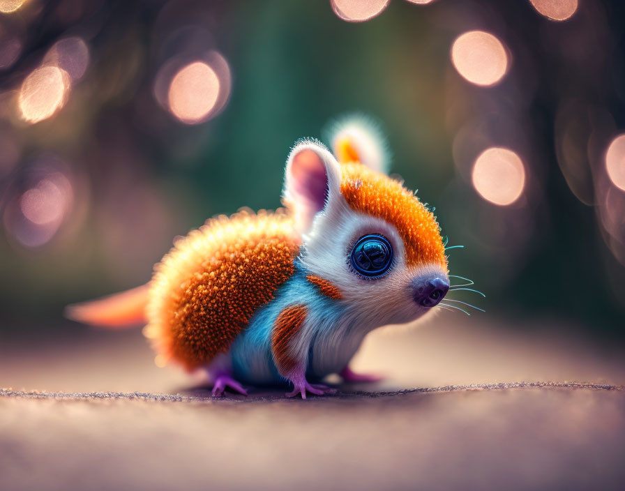 Blue-eyed whimsical creature with orange-white fur and spiky texture on bokeh-lit backdrop