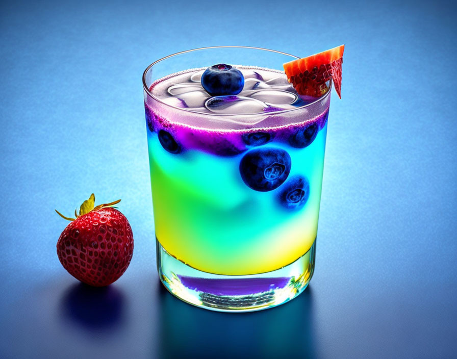 Colorful Layered Cocktail with Blueberries, Strawberry, and Watermelon Slice on Blue Background