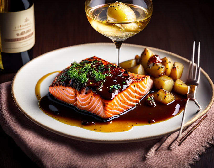 Grilled Salmon Fillet with Glaze, Herbs, Potatoes, and White Wine