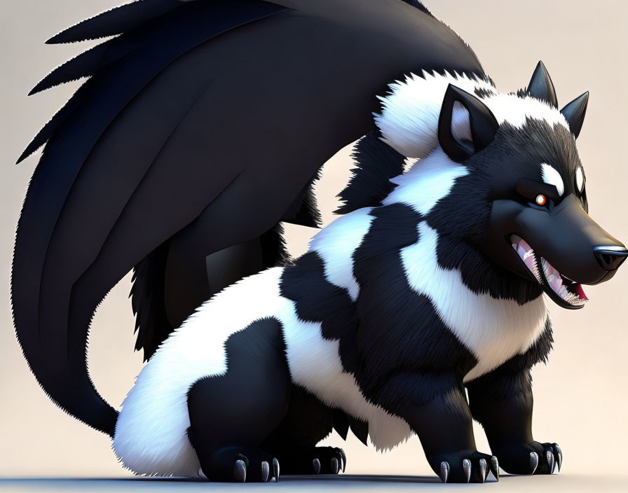 Smiling black and white skunk with bushy tail