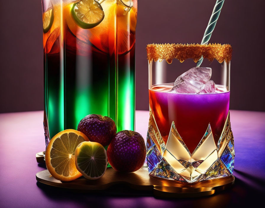 Vibrant Backlit Tray with Colorful Cocktails and Citrus Fruits