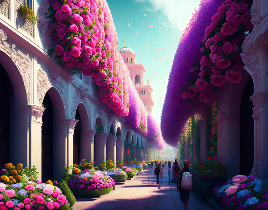 Lush purple flower-filled corridor with sunlight and people walking leisurely