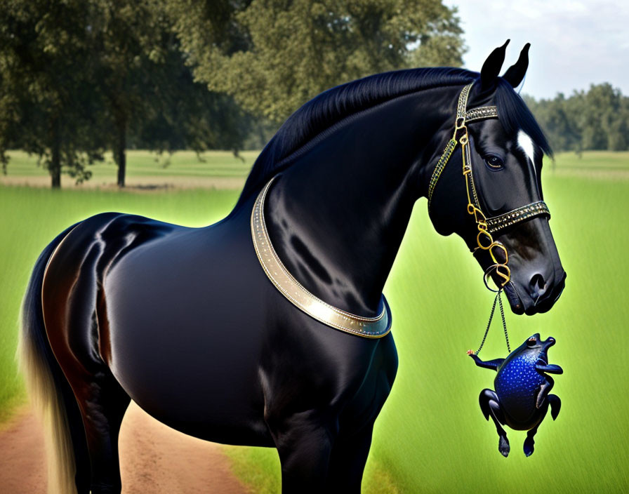 Majestic Black Horse with Golden Bridle and Blue Frog Pendant