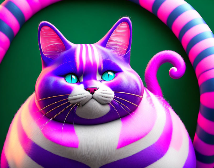 Colorful 3D illustration of whimsical cat with turquoise eyes and purple stripes