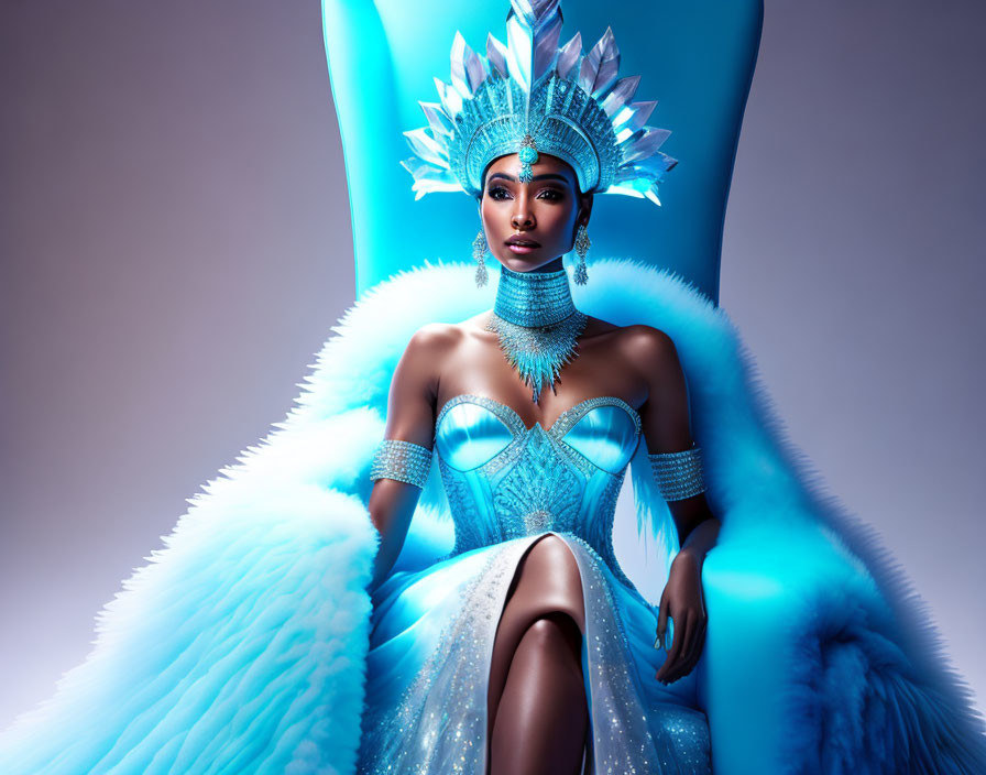 Elaborate Blue Costume with Feathered Headdress and Sparkling Bodice