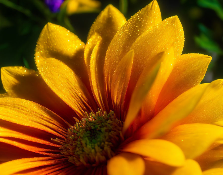 Vibrant orange-yellow flower with glistening water droplets in sunlight