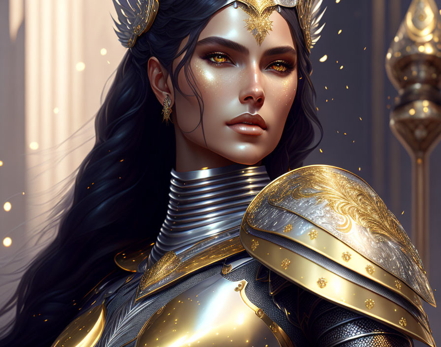 Digital illustration: Woman in ornate golden armor with intricate designs