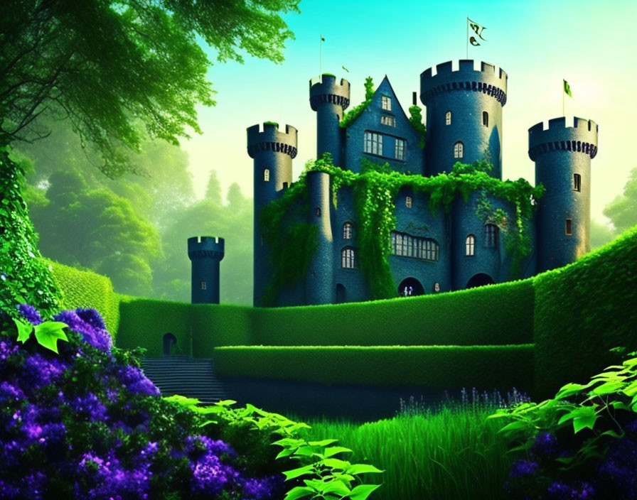 Ivy-covered castle in lush forest with purple flowers