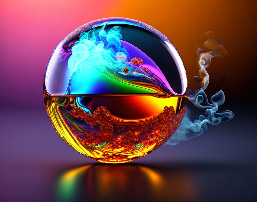 Colorful Reflective Sphere with Smoky Vortex on Gradient Background