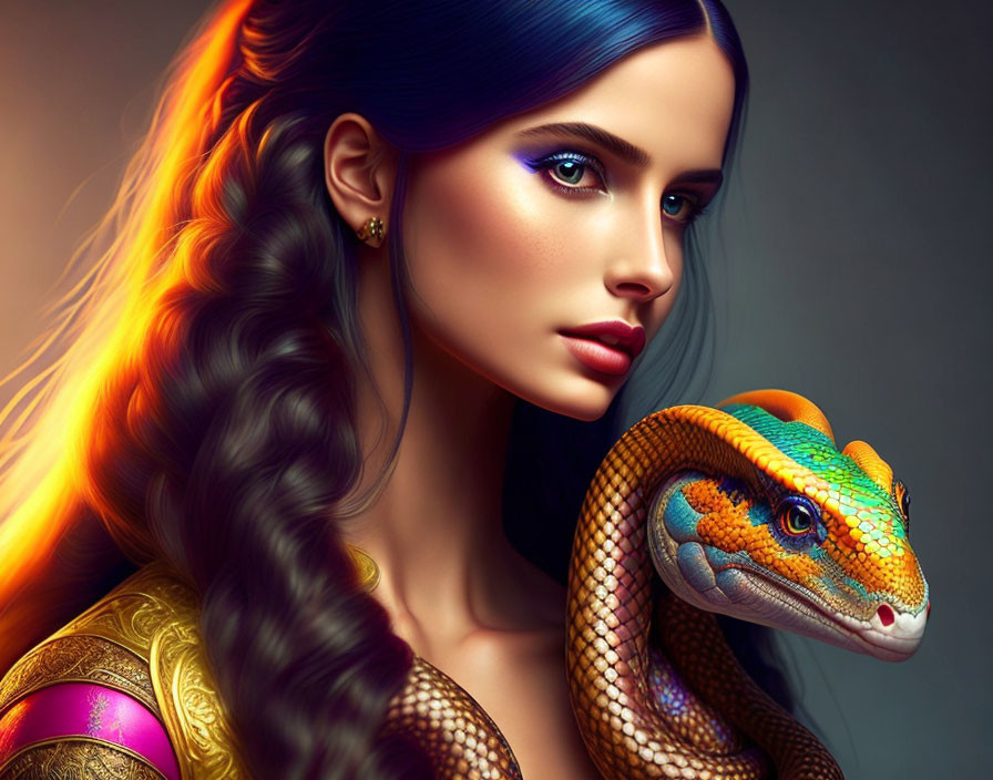 Colorful Snake Artwork Featuring Woman with Vibrant Makeup