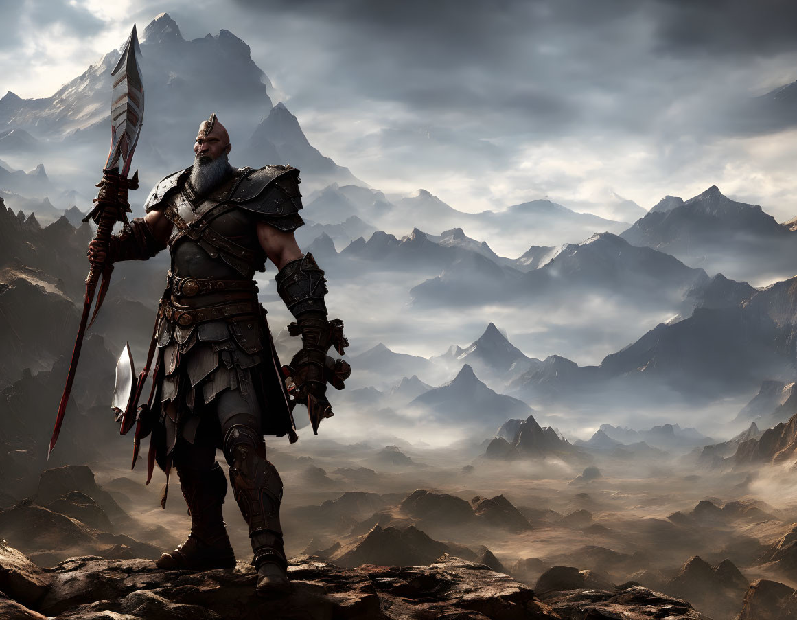 Bearded warrior in detailed armor holding a spear amid misty mountains