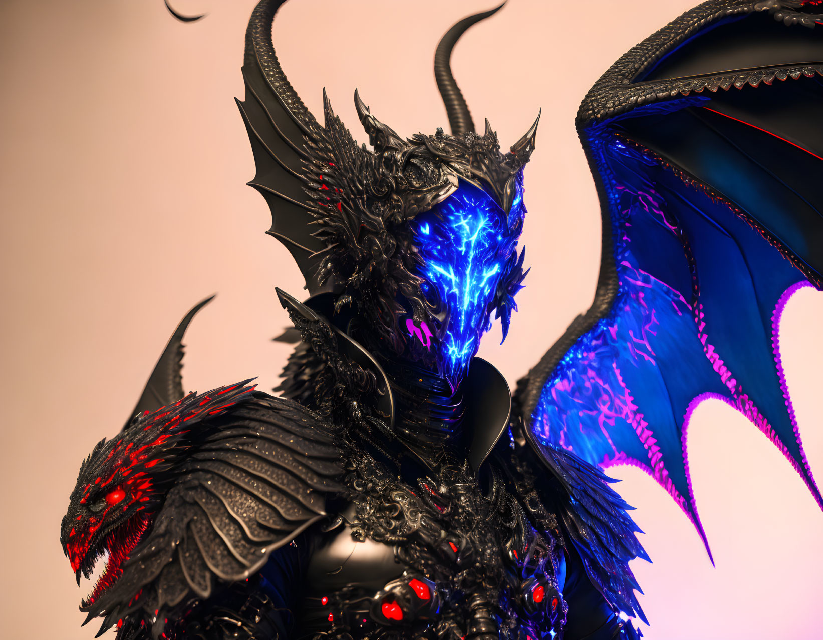 Glowing blue face and dragon-like armor on menacing figure