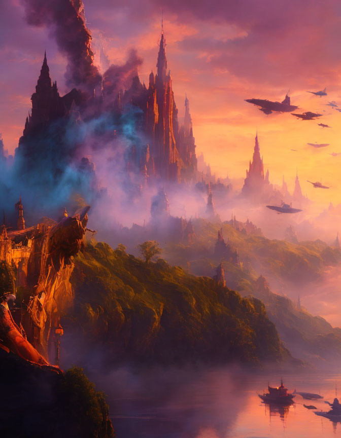 Majestic castle on misty cliffs with dragons and boats at sunset