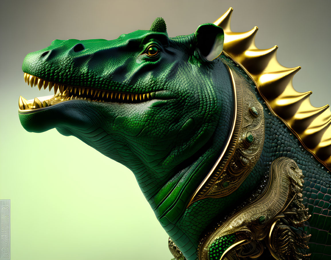 Detailed Illustration of Green Anthropomorphic Alligator with Golden Spiked Collar and Shoulder Armor