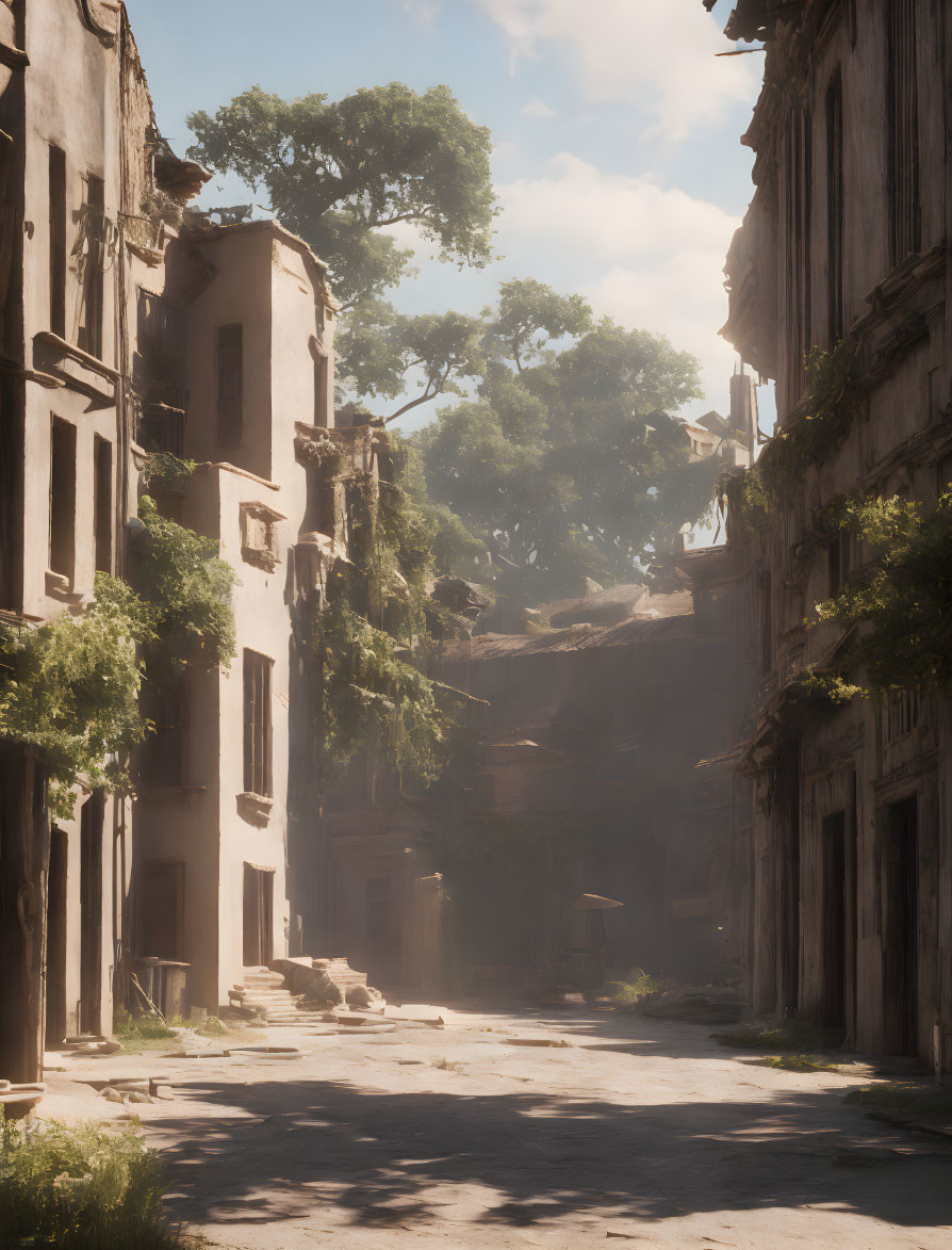 Abandoned street with sunlight filtering through overgrown branches