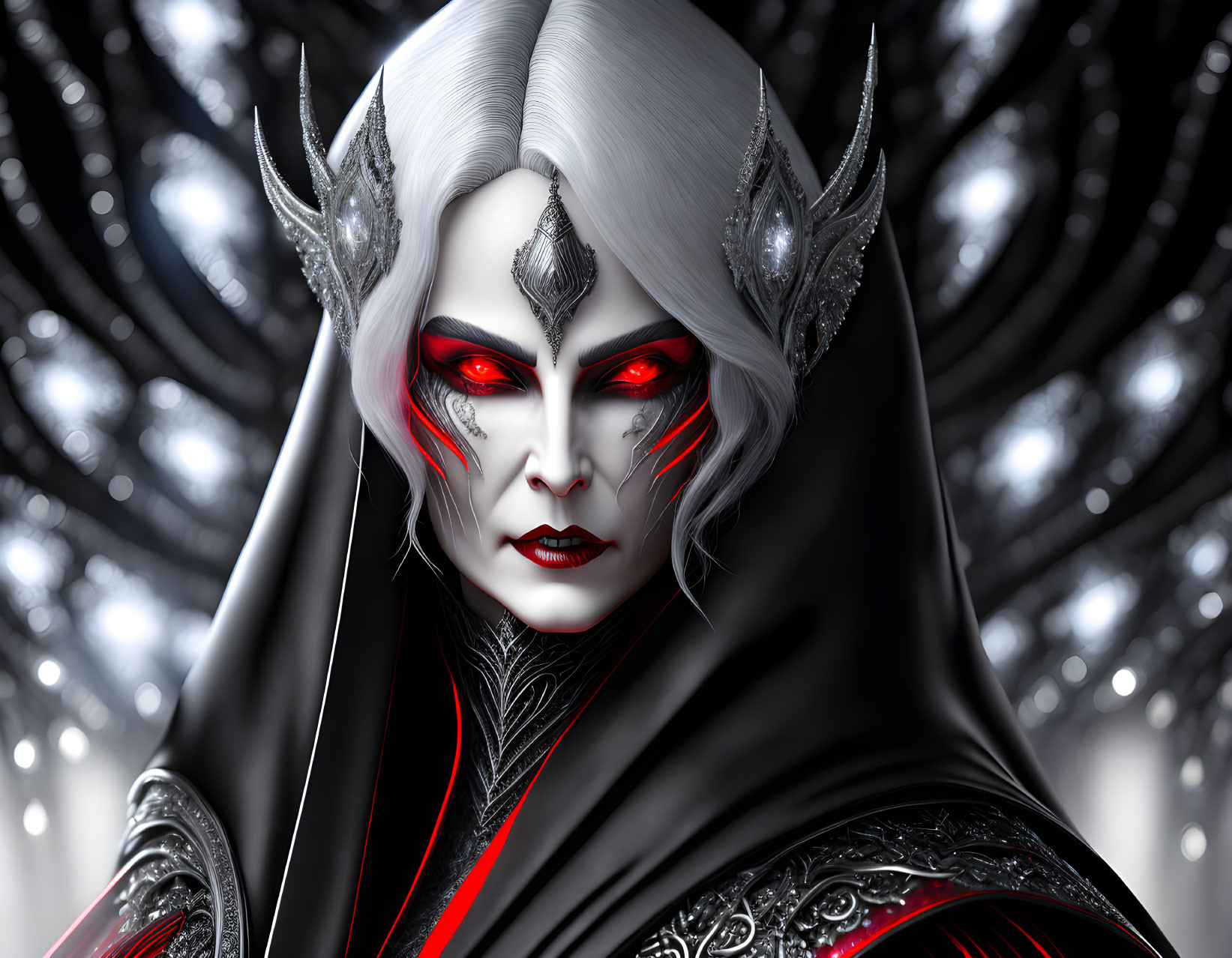 Fantasy portrait featuring figure with pale skin and red eyes in intricate white and silver headgear.