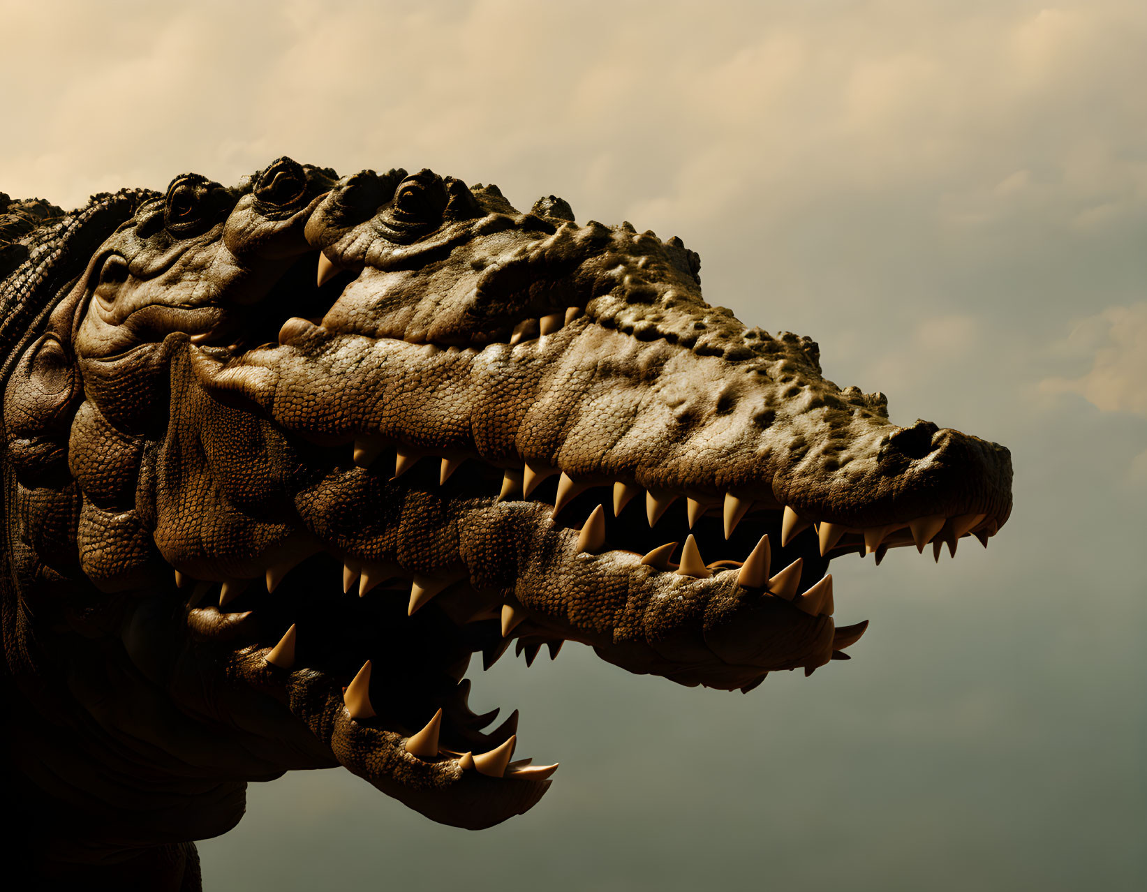 Detailed view: Crocodile head with textured skin and sharp teeth against cloudy sky