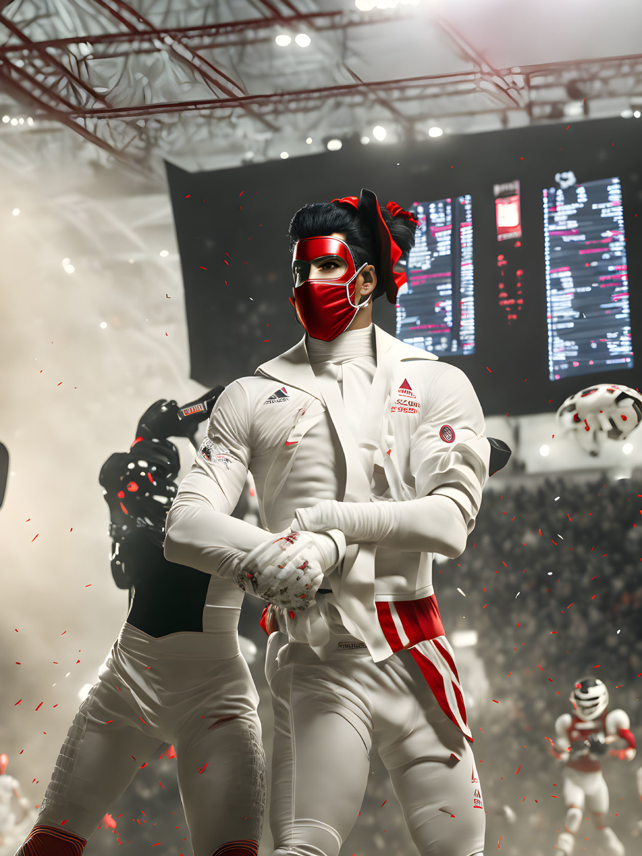 Stylized male athlete in white and red uniform celebrating in stadium digital artwork