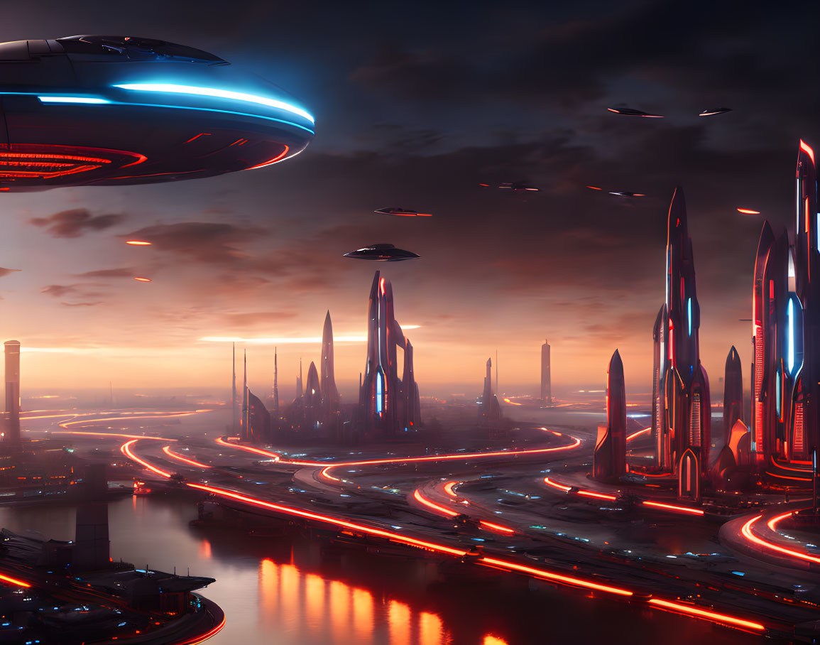 Futuristic cityscape at dusk with glowing roads and sleek skyscrapers