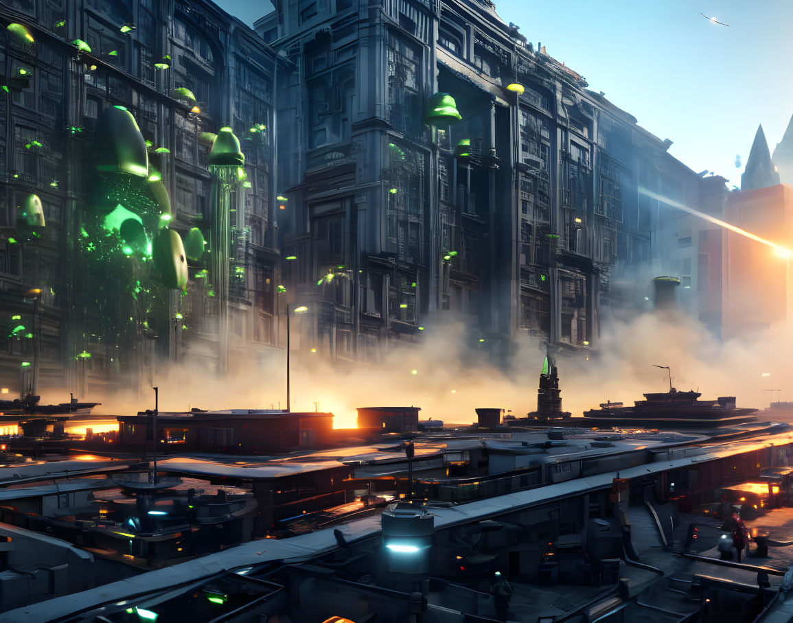 Futuristic cityscape at dawn with flying vehicles and green-lit buildings