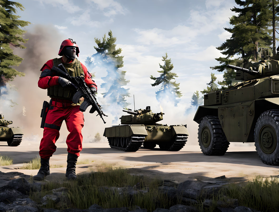 Person in Red Tactical Suit with Rifle in Forest Setting with Tanks