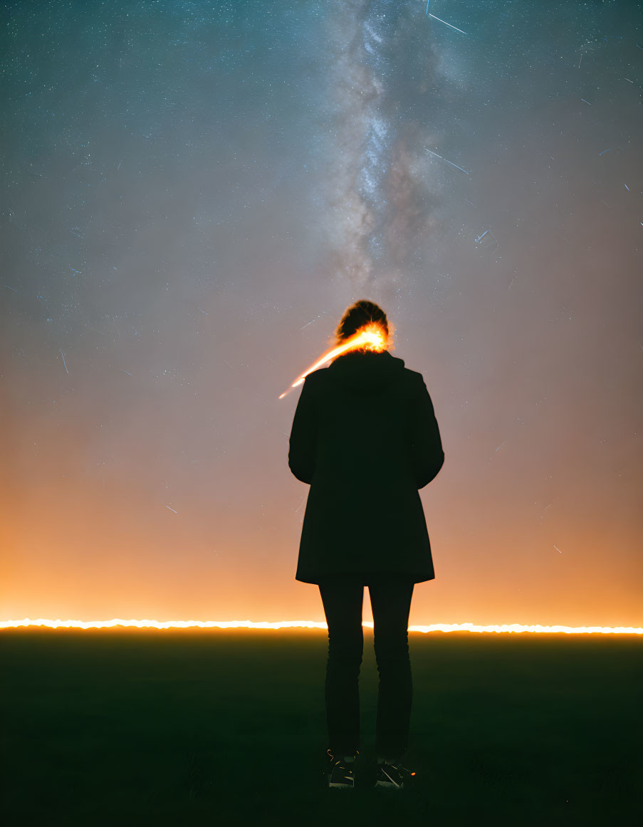 Silhouetted person gazes at starry Milky Way night sky