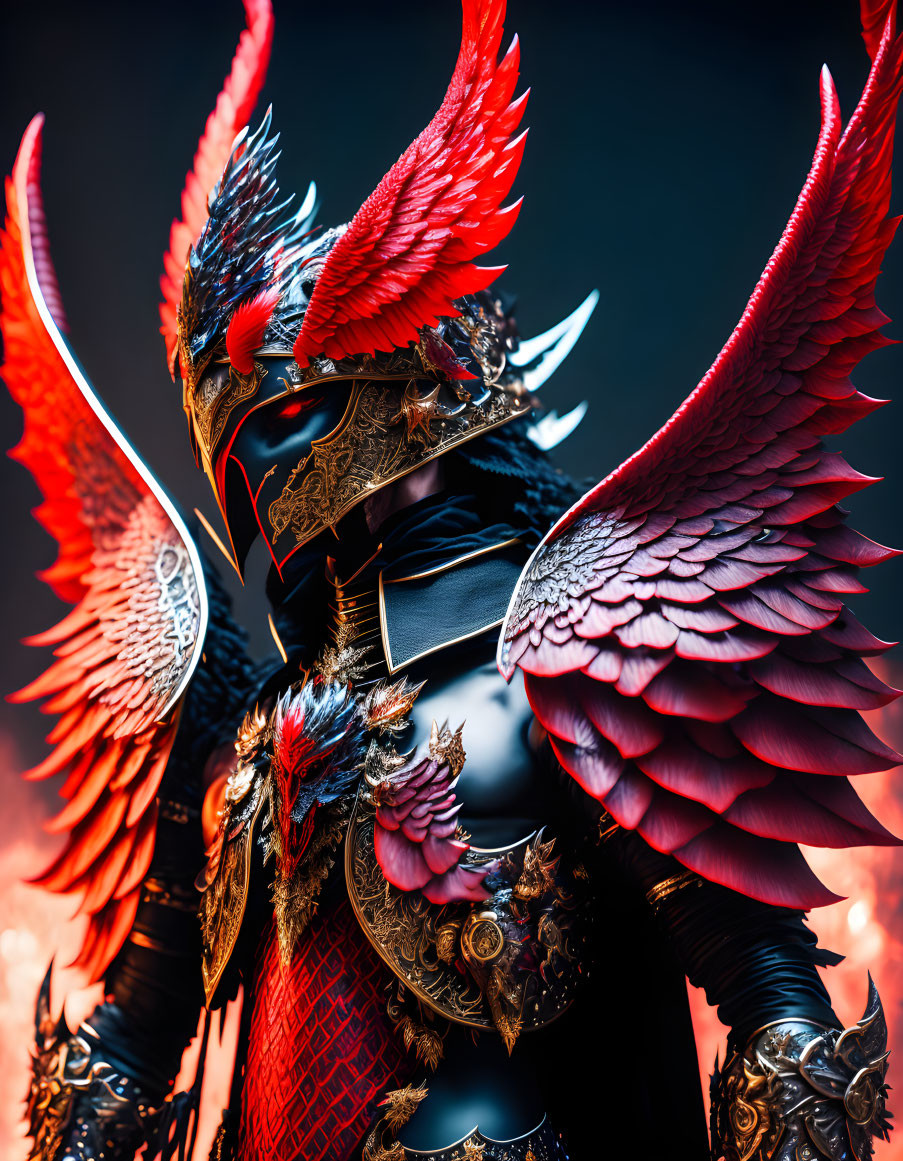 Elaborate Red and Black Dragon-Themed Armor Figure with Wings in Smoldering Atmosphere