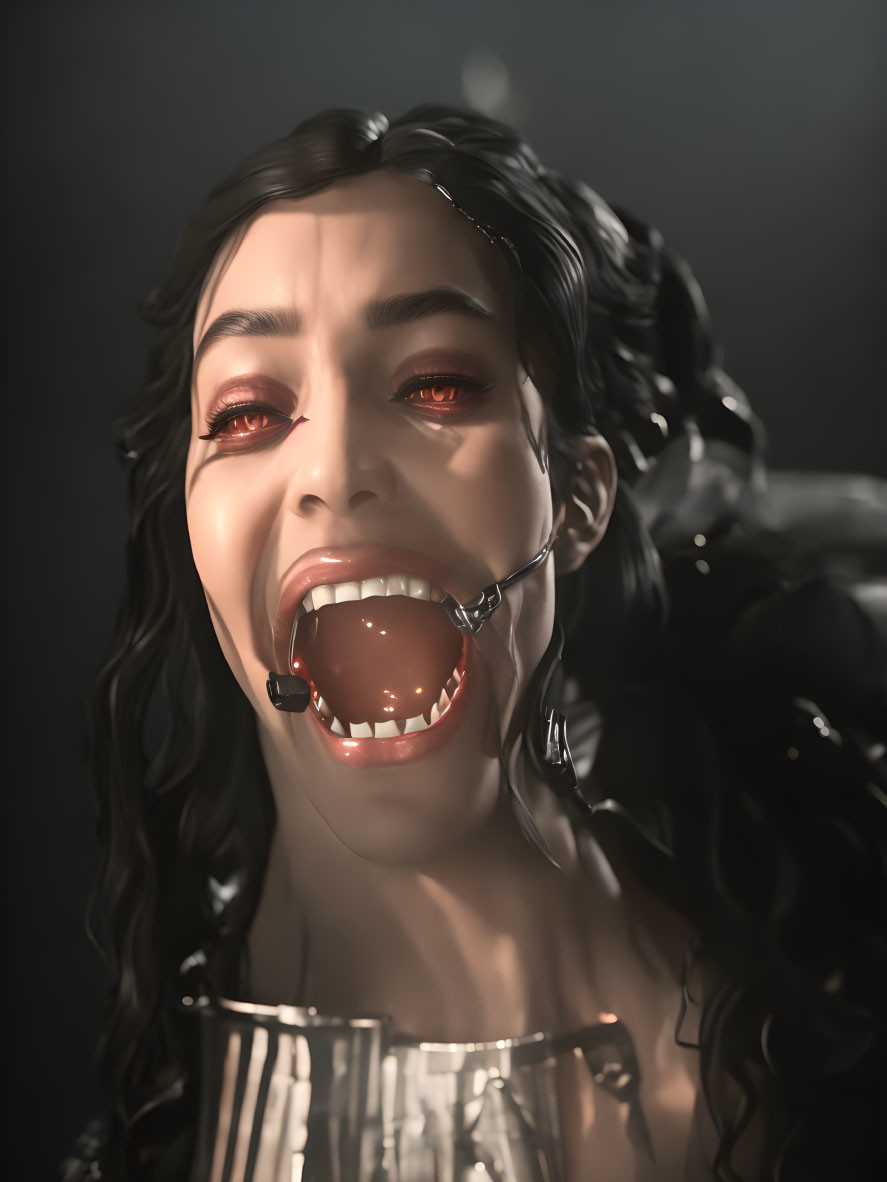 Dark-haired woman in 3D with red eyes and mouth gag, horror aesthetic