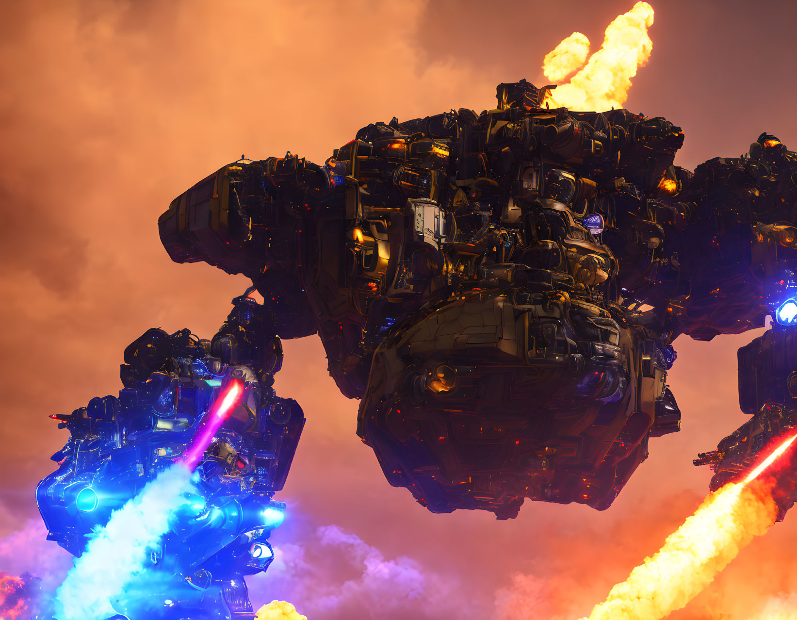 Giant robots battle with blue beam and fire stream in orange sky