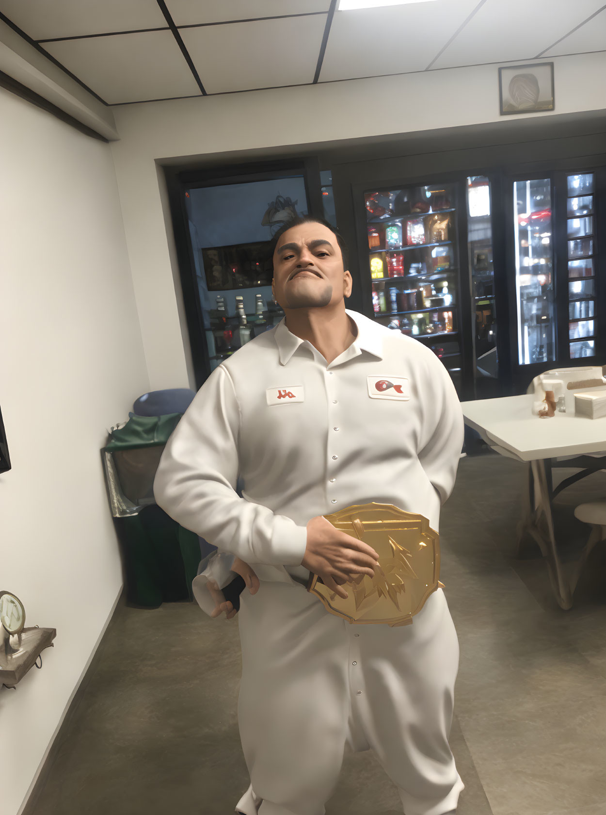 Confident person in white uniform with logo, posing with championship belt