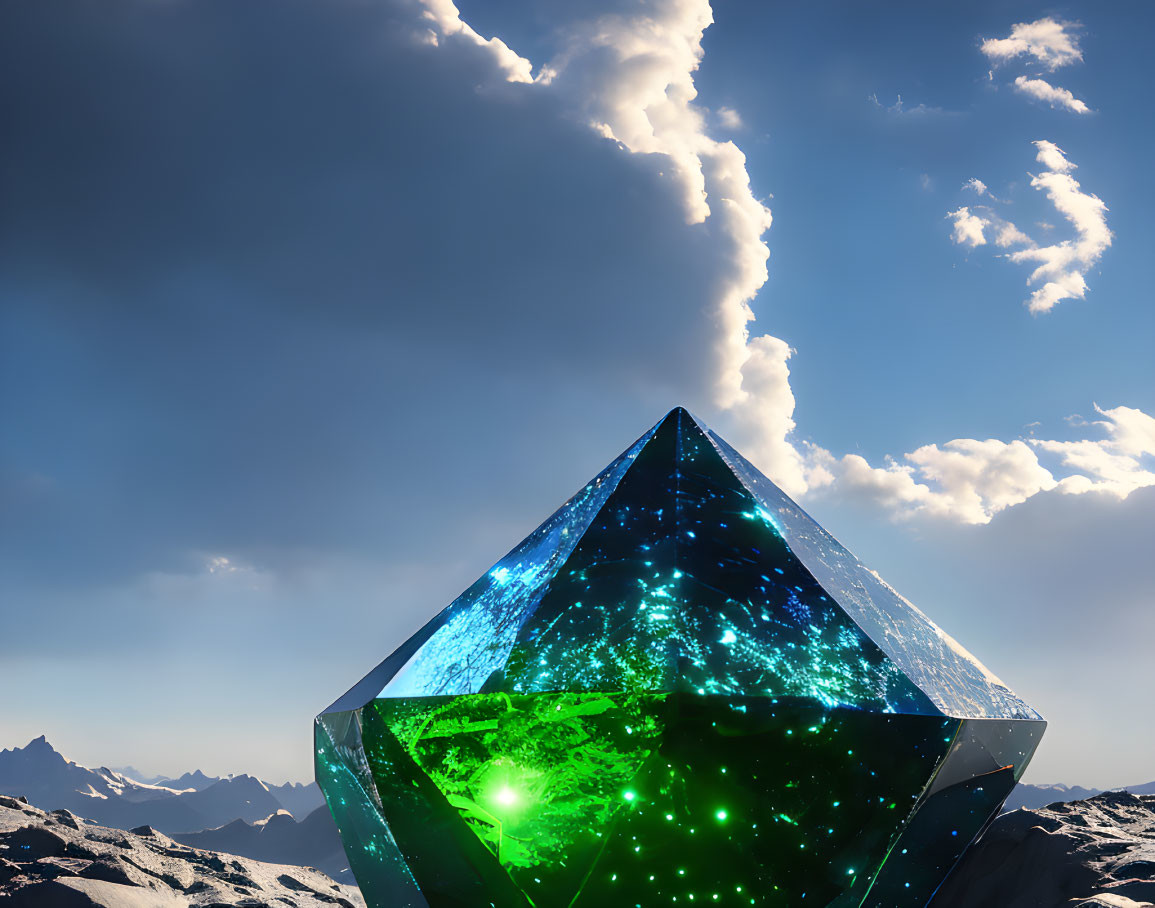 Glowing blue and green crystal on snowy mountain landscape