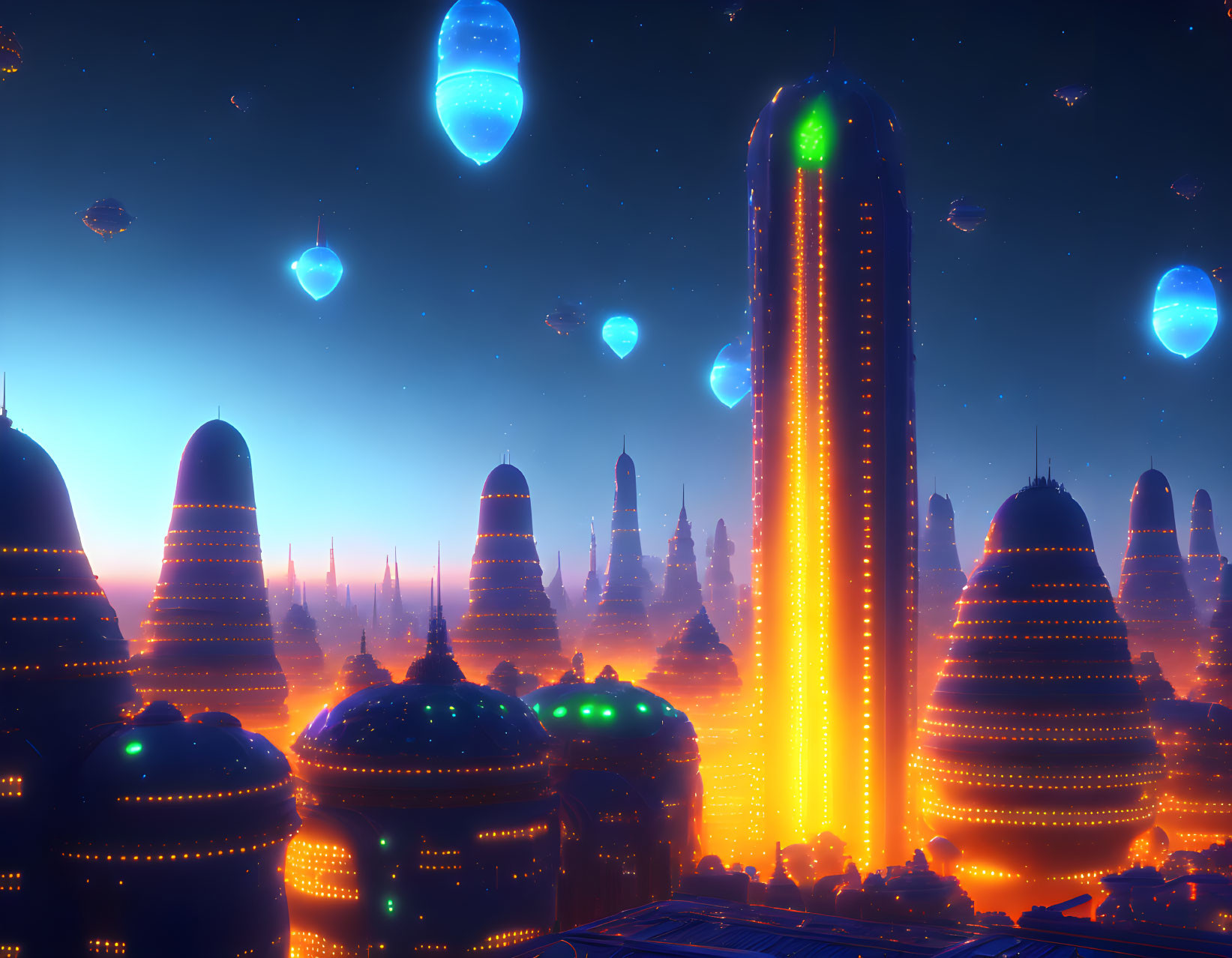 Nighttime futuristic cityscape with illuminated buildings and floating structures.