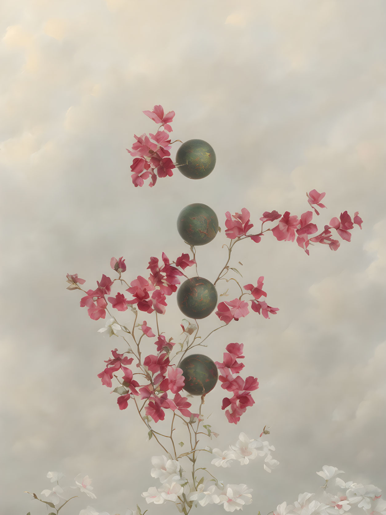 Bronze spheres with pink and white blossoms against cloudy sky