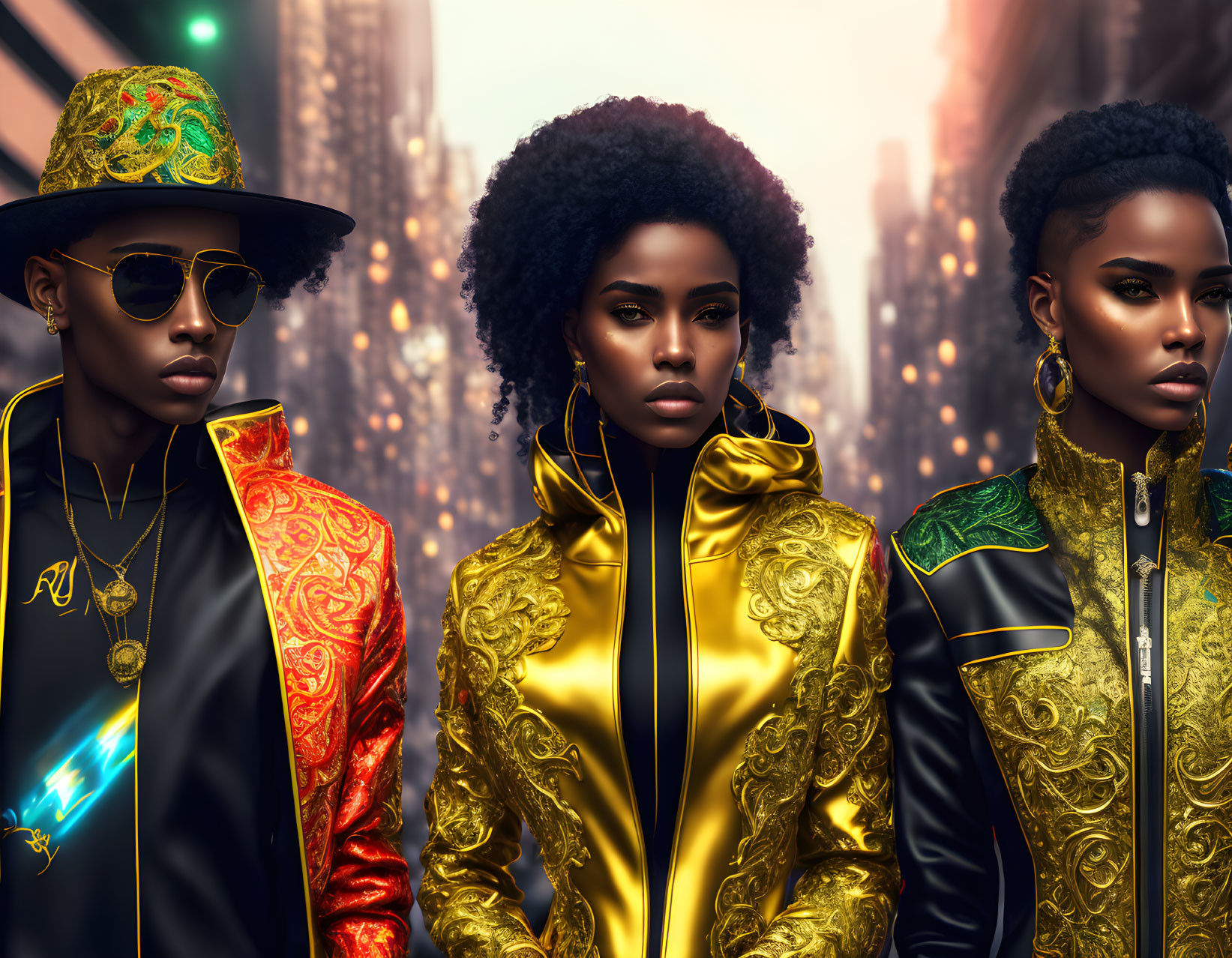 Three stylish individuals in ornate jackets and accessories in urban setting