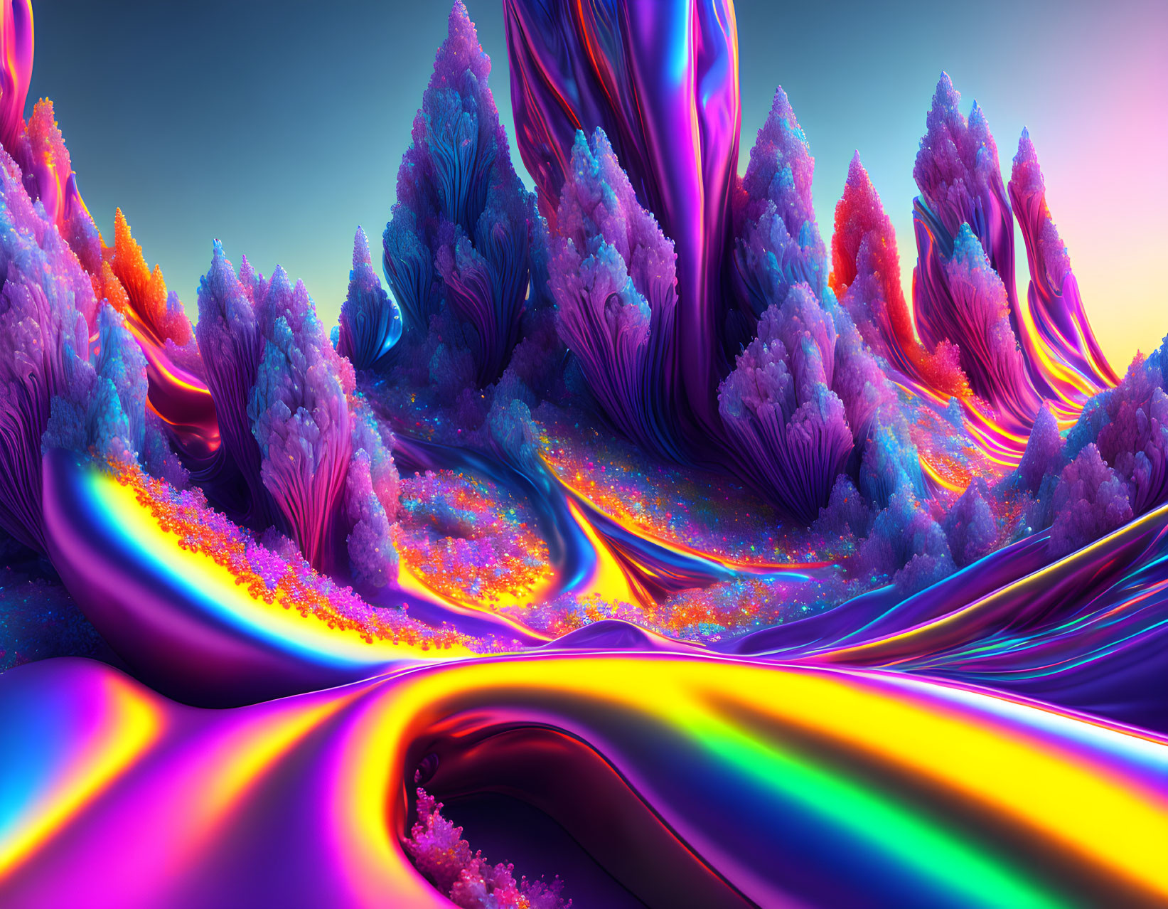 Colorful digital landscape with neon palette and tree-like structures