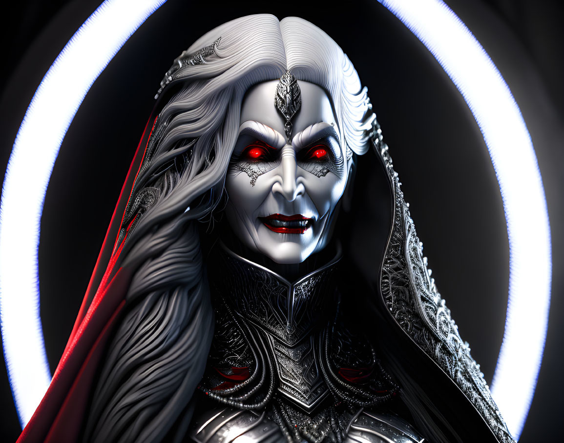 Menacing vampire-like character with pale skin and red eyes in dark armor against circular light background