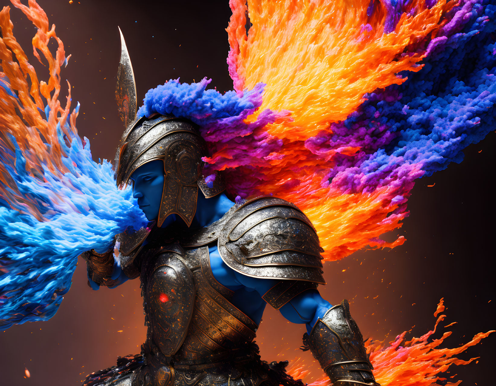 Warrior in Armor with Winged Helmet Emitting Blue and Orange Flames