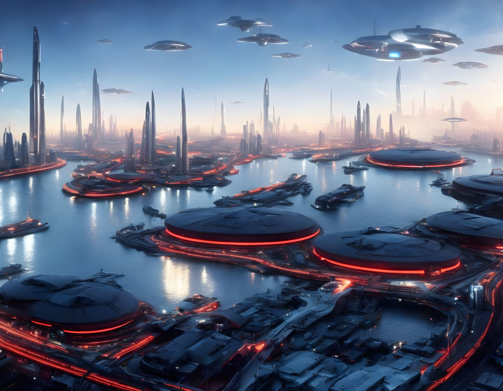 Futuristic cityscape with skyscrapers, flying vehicles, and glowing traffic lanes at sunset