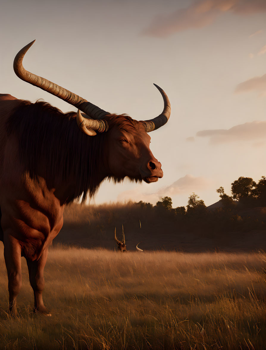 Brown Antelope with Twisted Horns in Golden Field at Sunset