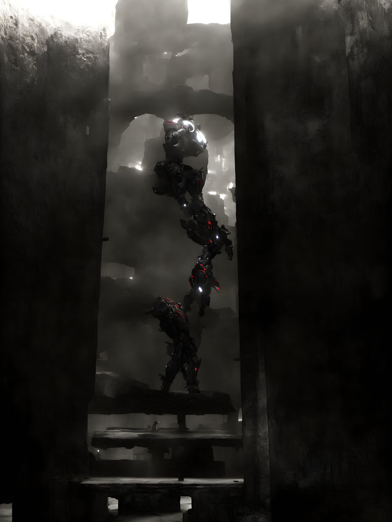 Towering humanoid robot stack in dark industrial setting