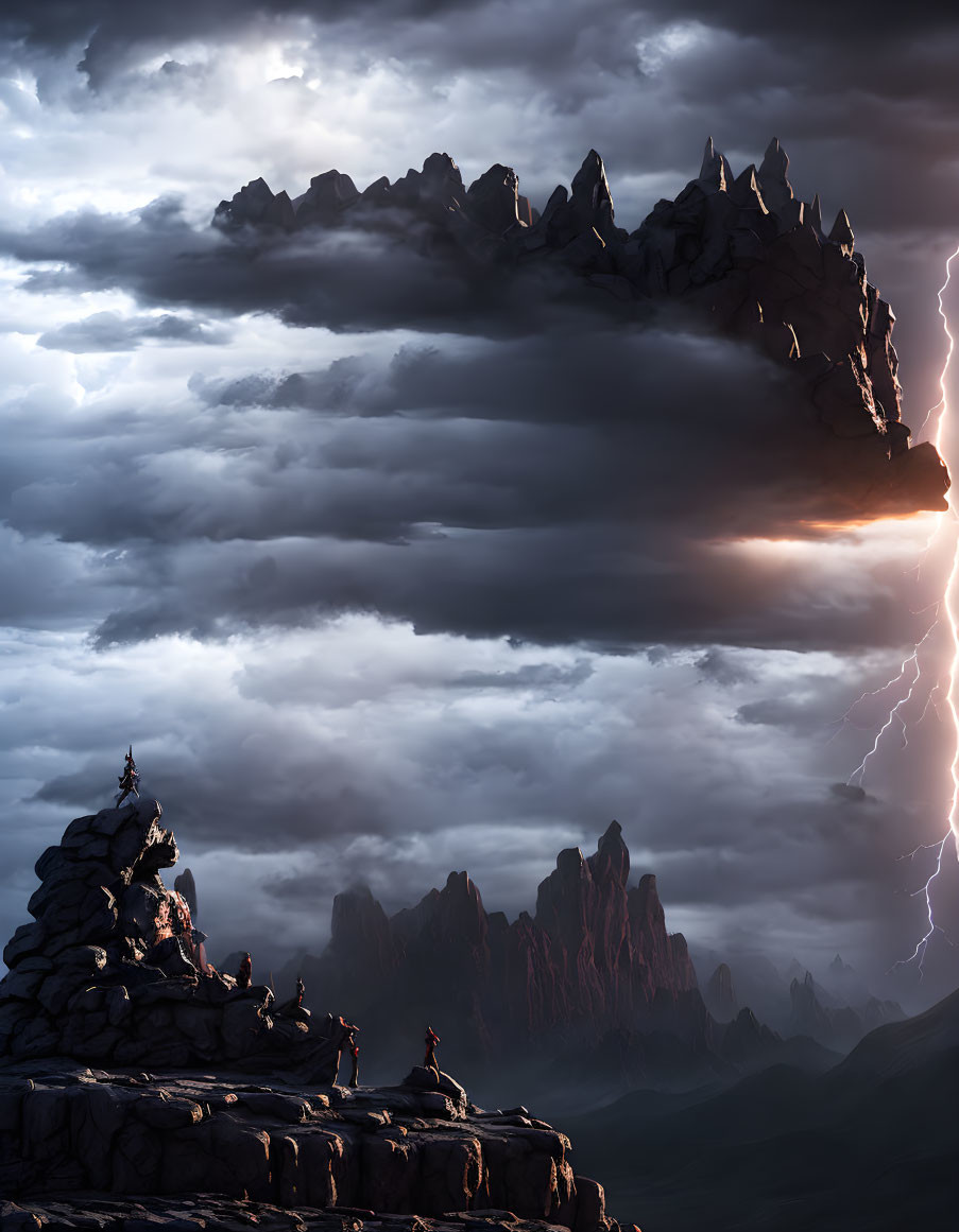 Stormy Mountain Landscape with Lightning and Silhouetted Figures