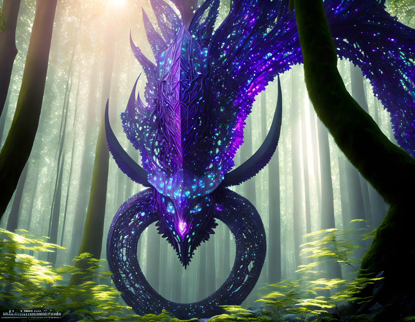 Luminous blue dragon with expansive wings in misty forest clearing