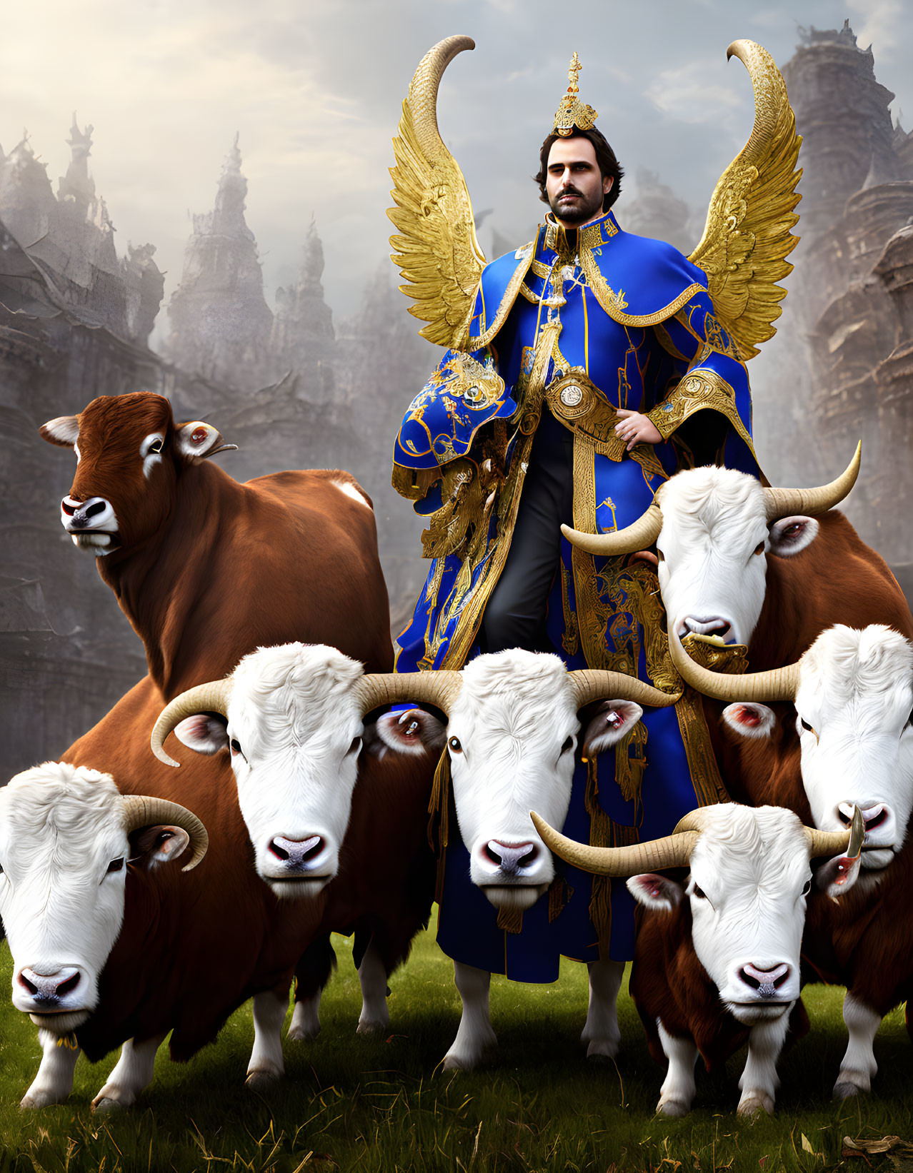 Regal figure in blue and gold armor with cows in misty setting